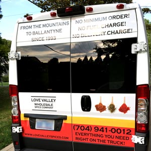 Back of Love Valley Wholesale Spice Company's Delivery Truck